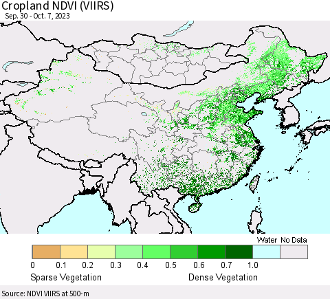 China, Mongolia and Taiwan Cropland NDVI (VIIRS) Thematic Map For 9/30/2023 - 10/7/2023