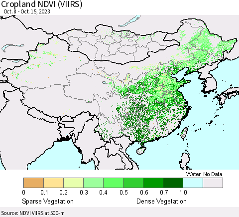 China, Mongolia and Taiwan Cropland NDVI (VIIRS) Thematic Map For 10/8/2023 - 10/15/2023