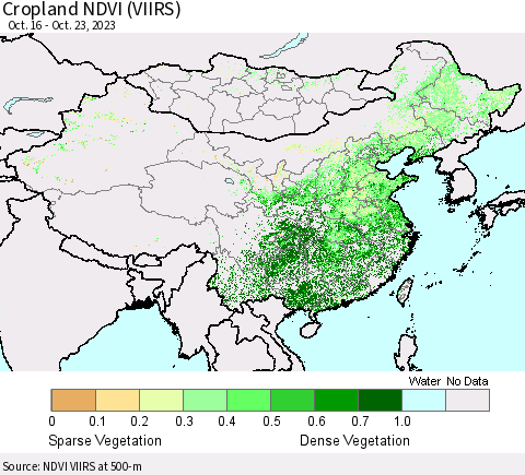 China, Mongolia and Taiwan Cropland NDVI (VIIRS) Thematic Map For 10/16/2023 - 10/23/2023