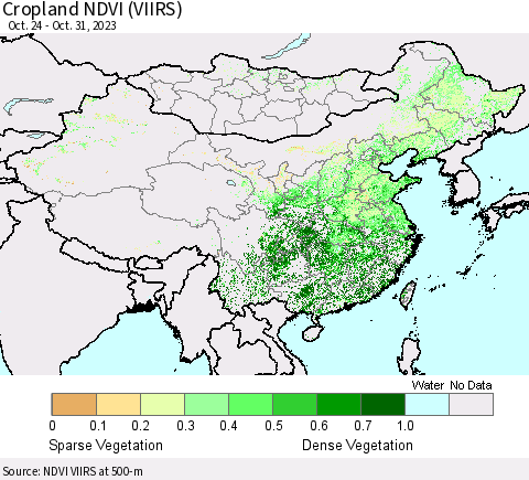China, Mongolia and Taiwan Cropland NDVI (VIIRS) Thematic Map For 10/24/2023 - 10/31/2023