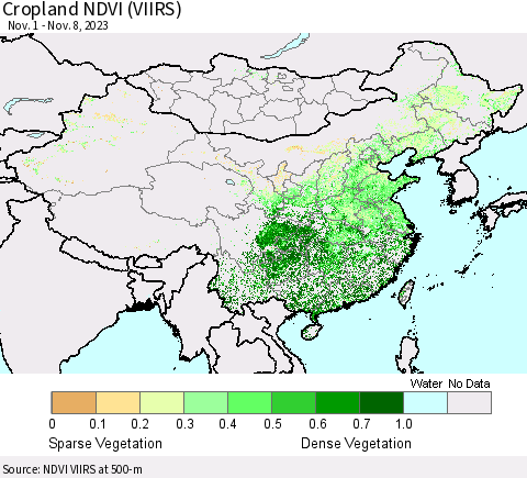 China, Mongolia and Taiwan Cropland NDVI (VIIRS) Thematic Map For 11/1/2023 - 11/8/2023
