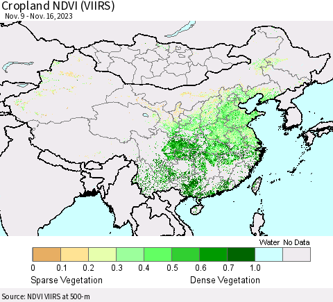 China, Mongolia and Taiwan Cropland NDVI (VIIRS) Thematic Map For 11/9/2023 - 11/16/2023