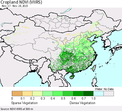 China, Mongolia and Taiwan Cropland NDVI (VIIRS) Thematic Map For 11/17/2023 - 11/24/2023