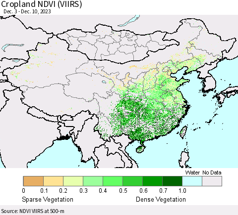China, Mongolia and Taiwan Cropland NDVI (VIIRS) Thematic Map For 12/3/2023 - 12/10/2023