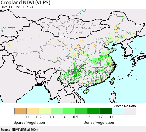 China, Mongolia and Taiwan Cropland NDVI (VIIRS) Thematic Map For 12/11/2023 - 12/18/2023