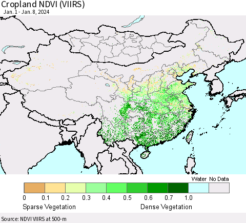China, Mongolia and Taiwan Cropland NDVI (VIIRS) Thematic Map For 1/1/2024 - 1/8/2024
