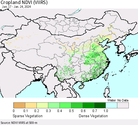 China, Mongolia and Taiwan Cropland NDVI (VIIRS) Thematic Map For 1/17/2024 - 1/24/2024