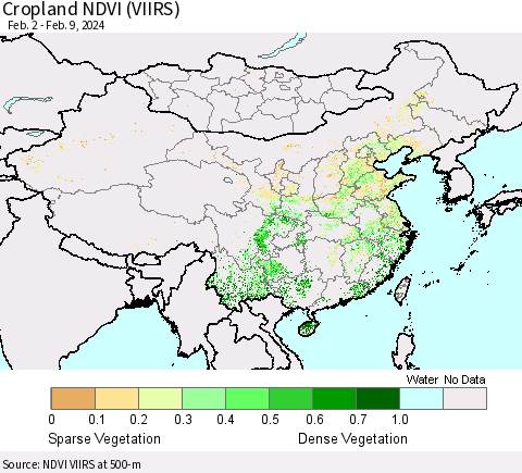 China, Mongolia and Taiwan Cropland NDVI (VIIRS) Thematic Map For 2/2/2024 - 2/9/2024
