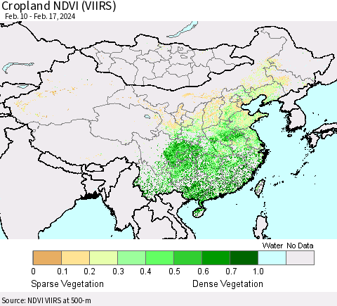 China, Mongolia and Taiwan Cropland NDVI (VIIRS) Thematic Map For 2/10/2024 - 2/17/2024