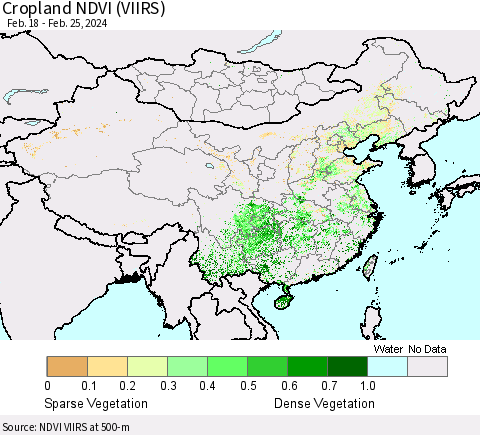 China, Mongolia and Taiwan Cropland NDVI (VIIRS) Thematic Map For 2/18/2024 - 2/25/2024