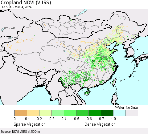 China, Mongolia and Taiwan Cropland NDVI (VIIRS) Thematic Map For 2/26/2024 - 3/4/2024