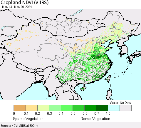 China, Mongolia and Taiwan Cropland NDVI (VIIRS) Thematic Map For 3/13/2024 - 3/20/2024