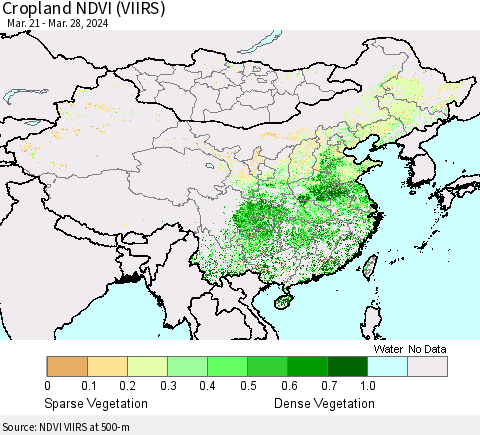 China, Mongolia and Taiwan Cropland NDVI (VIIRS) Thematic Map For 3/21/2024 - 3/28/2024