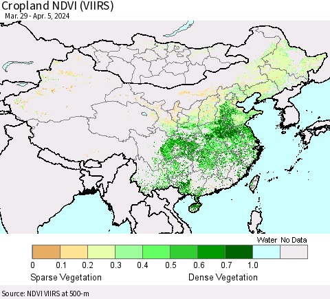 China, Mongolia and Taiwan Cropland NDVI (VIIRS) Thematic Map For 3/29/2024 - 4/5/2024