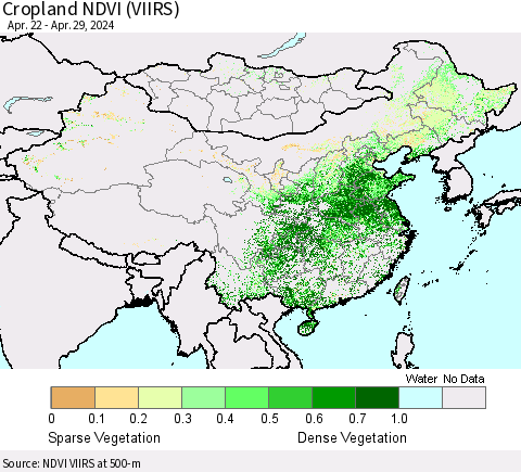 China, Mongolia and Taiwan Cropland NDVI (VIIRS) Thematic Map For 4/22/2024 - 4/29/2024