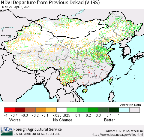 China and Taiwan NDVI Departure from Previous Dekad (VIIRS) Thematic Map For 4/1/2020 - 4/10/2020