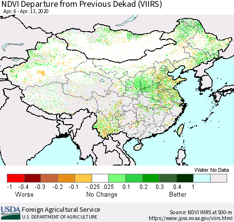 China and Taiwan NDVI Departure from Previous Dekad (VIIRS) Thematic Map For 4/11/2020 - 4/20/2020