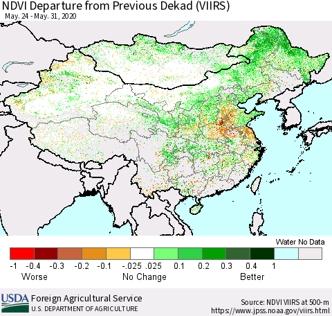 China and Taiwan NDVI Departure from Previous Dekad (VIIRS) Thematic Map For 5/21/2020 - 5/31/2020