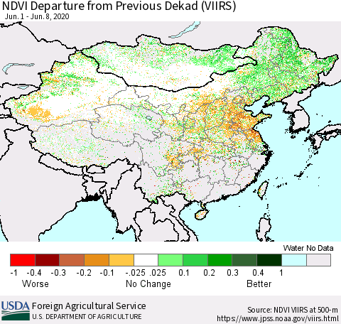 China and Taiwan NDVI Departure from Previous Dekad (VIIRS) Thematic Map For 6/1/2020 - 6/10/2020