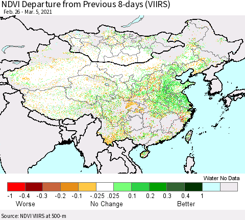China, Mongolia and Taiwan NDVI Departure from Previous 8-days (VIIRS) Thematic Map For 2/26/2021 - 3/5/2021