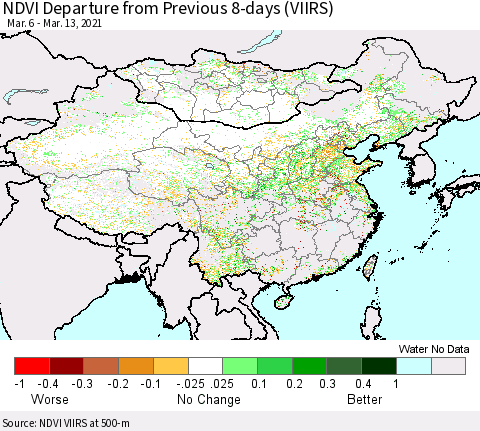China, Mongolia and Taiwan NDVI Departure from Previous 8-days (VIIRS) Thematic Map For 3/6/2021 - 3/13/2021