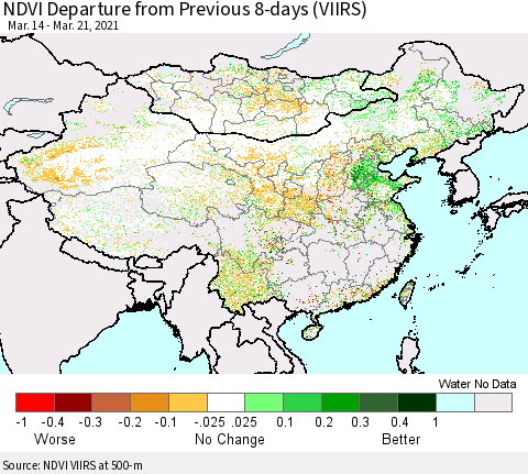 China, Mongolia and Taiwan NDVI Departure from Previous 8-days (VIIRS) Thematic Map For 3/14/2021 - 3/21/2021