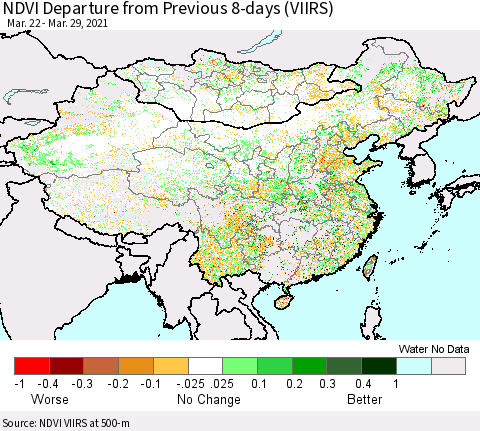 China, Mongolia and Taiwan NDVI Departure from Previous 8-days (VIIRS) Thematic Map For 3/22/2021 - 3/29/2021