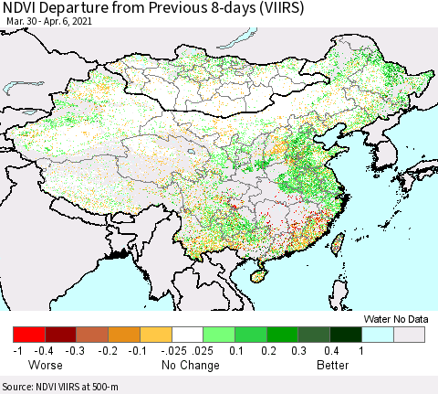 China, Mongolia and Taiwan NDVI Departure from Previous 8-days (VIIRS) Thematic Map For 3/30/2021 - 4/6/2021