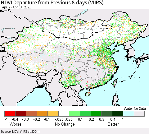 China, Mongolia and Taiwan NDVI Departure from Previous 8-days (VIIRS) Thematic Map For 4/7/2021 - 4/14/2021