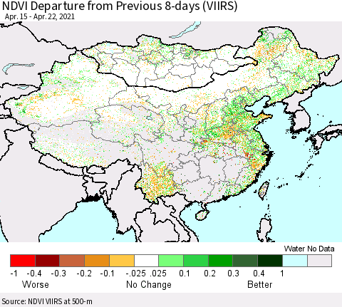 China, Mongolia and Taiwan NDVI Departure from Previous 8-days (VIIRS) Thematic Map For 4/15/2021 - 4/22/2021