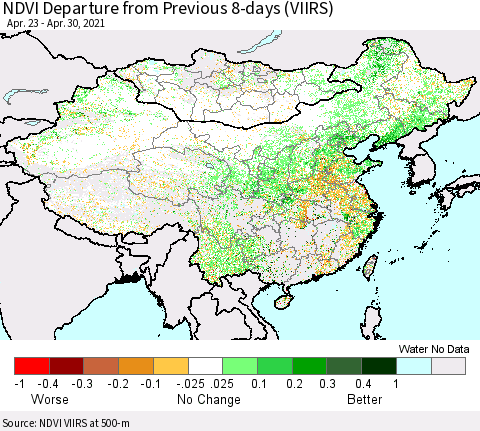 China, Mongolia and Taiwan NDVI Departure from Previous 8-days (VIIRS) Thematic Map For 4/23/2021 - 4/30/2021
