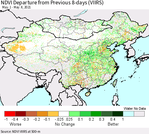 China, Mongolia and Taiwan NDVI Departure from Previous 8-days (VIIRS) Thematic Map For 5/1/2021 - 5/8/2021