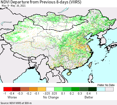China, Mongolia and Taiwan NDVI Departure from Previous 8-days (VIIRS) Thematic Map For 5/9/2021 - 5/16/2021