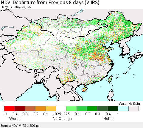 China, Mongolia and Taiwan NDVI Departure from Previous 8-days (VIIRS) Thematic Map For 5/17/2021 - 5/24/2021
