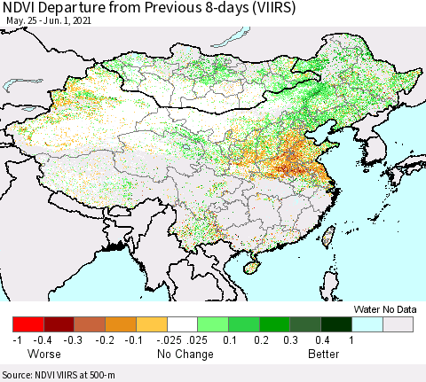 China, Mongolia and Taiwan NDVI Departure from Previous 8-days (VIIRS) Thematic Map For 5/25/2021 - 6/1/2021
