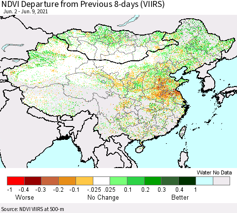 China, Mongolia and Taiwan NDVI Departure from Previous 8-days (VIIRS) Thematic Map For 6/2/2021 - 6/9/2021