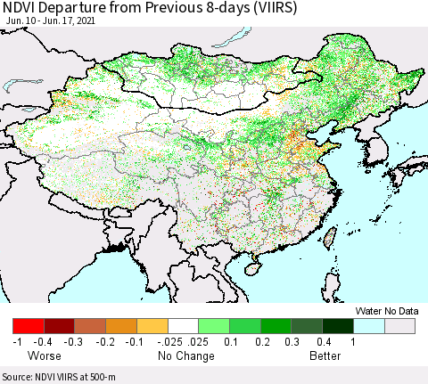 China, Mongolia and Taiwan NDVI Departure from Previous 8-days (VIIRS) Thematic Map For 6/10/2021 - 6/17/2021