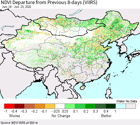 China, Mongolia and Taiwan NDVI Departure from Previous 8-days (VIIRS) Thematic Map For 6/18/2021 - 6/25/2021