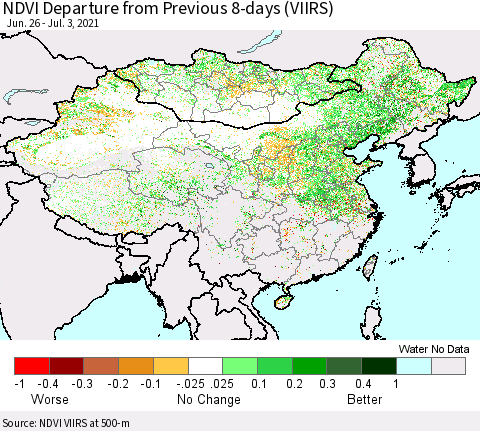 China, Mongolia and Taiwan NDVI Departure from Previous 8-days (VIIRS) Thematic Map For 6/26/2021 - 7/3/2021