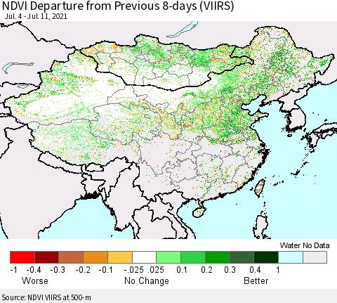 China, Mongolia and Taiwan NDVI Departure from Previous 8-days (VIIRS) Thematic Map For 7/4/2021 - 7/11/2021
