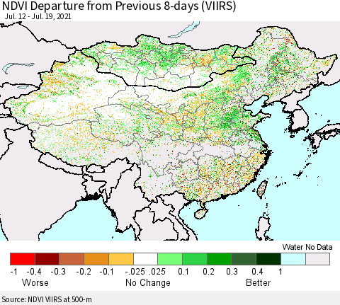 China, Mongolia and Taiwan NDVI Departure from Previous 8-days (VIIRS) Thematic Map For 7/12/2021 - 7/19/2021