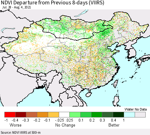 China, Mongolia and Taiwan NDVI Departure from Previous 8-days (VIIRS) Thematic Map For 7/28/2021 - 8/4/2021