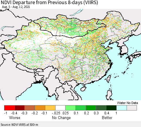China, Mongolia and Taiwan NDVI Departure from Previous 8-days (VIIRS) Thematic Map For 8/5/2021 - 8/12/2021