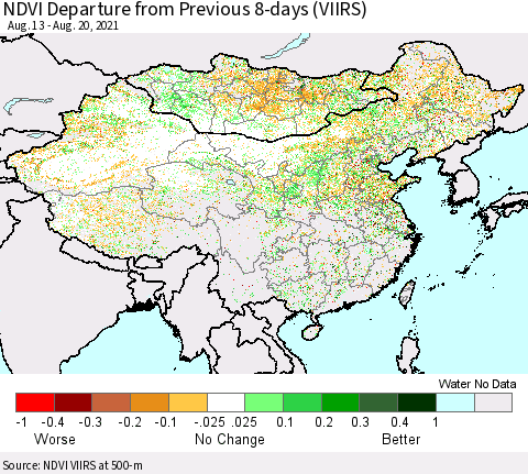 China, Mongolia and Taiwan NDVI Departure from Previous 8-days (VIIRS) Thematic Map For 8/13/2021 - 8/20/2021