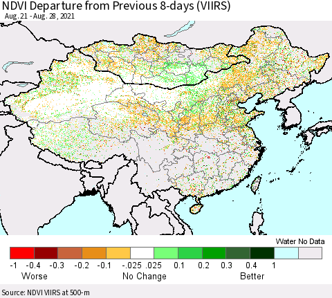 China, Mongolia and Taiwan NDVI Departure from Previous 8-days (VIIRS) Thematic Map For 8/21/2021 - 8/28/2021