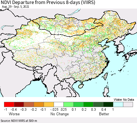 China, Mongolia and Taiwan NDVI Departure from Previous 8-days (VIIRS) Thematic Map For 8/29/2021 - 9/5/2021