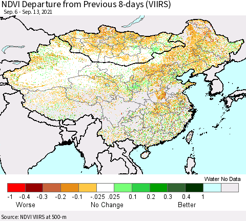 China, Mongolia and Taiwan NDVI Departure from Previous 8-days (VIIRS) Thematic Map For 9/6/2021 - 9/13/2021