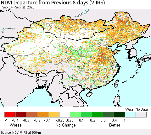 China, Mongolia and Taiwan NDVI Departure from Previous 8-days (VIIRS) Thematic Map For 9/14/2021 - 9/21/2021