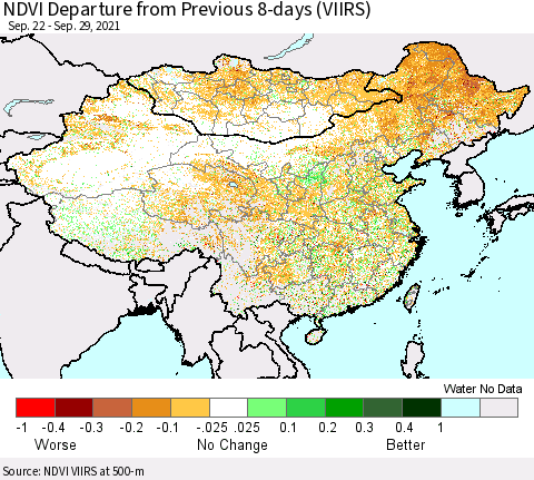 China, Mongolia and Taiwan NDVI Departure from Previous 8-days (VIIRS) Thematic Map For 9/22/2021 - 9/29/2021