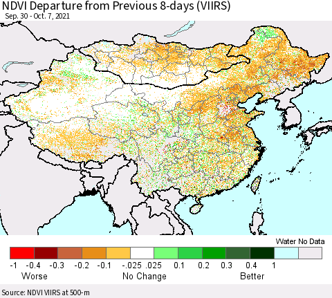 China, Mongolia and Taiwan NDVI Departure from Previous 8-days (VIIRS) Thematic Map For 9/30/2021 - 10/7/2021